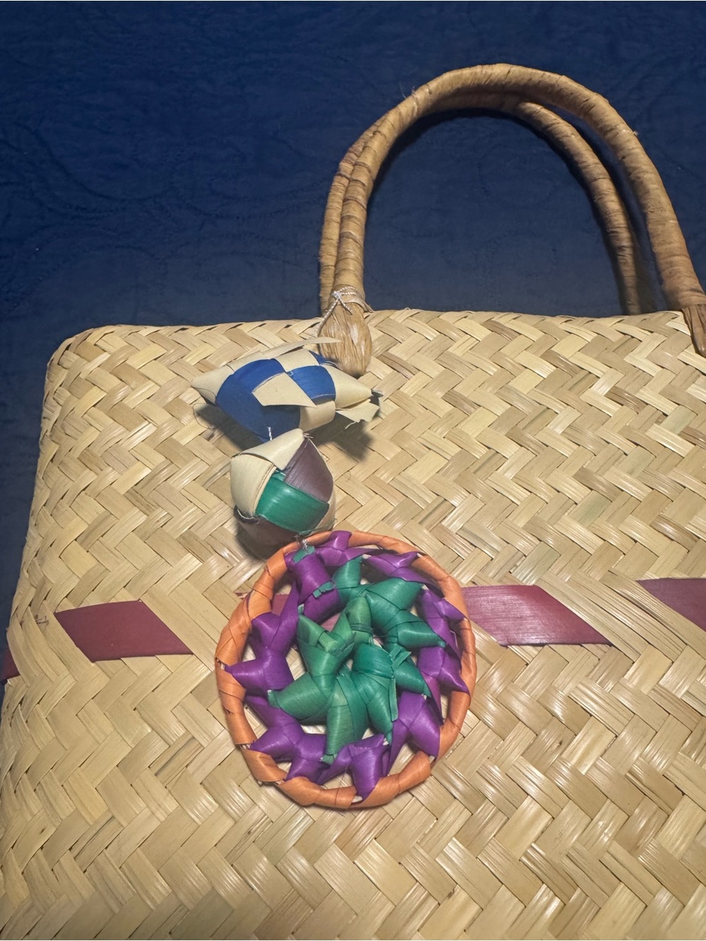 Mexican Handwoven Natural Straw Tote Bag with Purple Accent - Picture 2 of 4